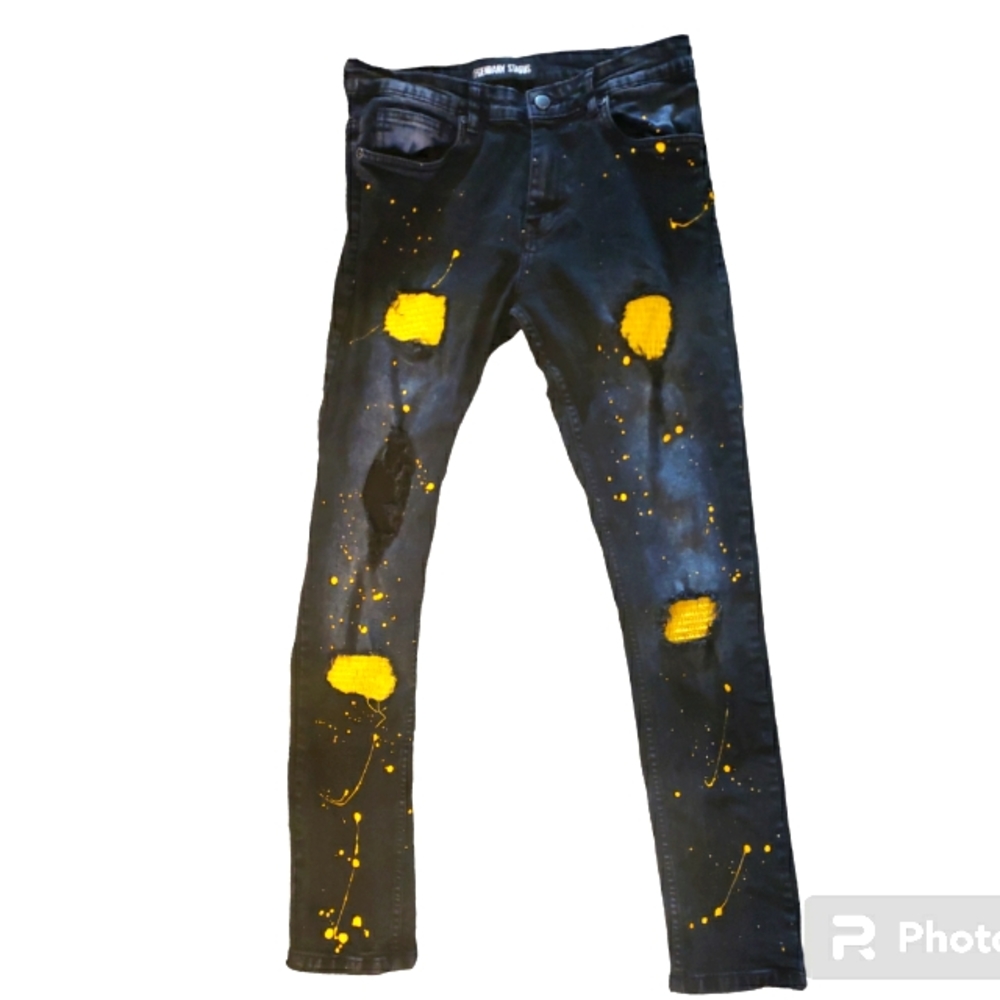 Dark Distressed Denim Black and Gold Splattered Legendary Status Jeans
